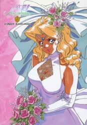 1girl blonde_hair blue_eyes bouquet breasts character_name cindy_sakurai cleavage copyright_name dark-skinned_female dark_skin dress elbow_gloves flower gloves hair_flower hair_ornament holding holding_bouquet long_hair looking_at_viewer neo_graduation official_art smile solo source_request takei_masaki wedding_dress white_dress white_gloves