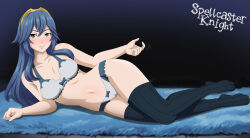 1girl bare_legs barefoot blue_eyes blue_hair bra crown finger_gesture fire_emblem fire_emblem_awakening hair_ornament legs_together lingerie long_hair looking_at_viewer lucina_(fire_emblem) lying nintendo on_rug on_side panties pin_up pinup_(style) pinup_girls simple_background smile solo solo_focus spellcaster_knight thighhighs underwear