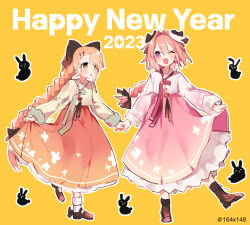 Rule 34 | 1boy, 1girl, alternate costume, astolfo (fate), blonde hair, bow, braid, couple, dress, fate/grand order, fate (series), hair bow, happy new year, hetero, highres, holding hands, koyashaka, liss meier (koyashaka), long hair, new year, oc x canon, one eye closed, pink hair