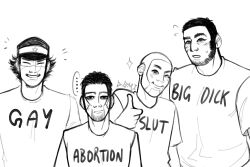 ... 4boys abortion absurdres bara beard blush bored buzz_cut dick_shirt_(meme) domi_(domidominic) english_text facial_hair facial_scar flying_sweatdrops gay_shirt goatee golden_kamuy greyscale happy_aura hat highres kepi large_pectorals long_sideburns looking_at_viewer male_focus mature_male meme military_hat monochrome multiple_boys muscular muscular_male nervous ogata_hyakunosuke one_eye_closed pectorals scar scar_on_cheek scar_on_face scar_on_mouth scar_on_nose shiraishi_yoshitake short_hair sideburns slut_shirt sparkle stubble sugimoto_saichi tanigaki_genjirou thick_eyebrows thumbs_up very_short_hair
