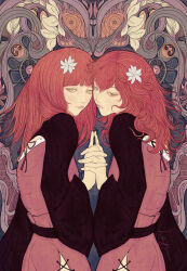 2girls black_sleeves devola dress flower green_eyes hagushka hair_flower hair_ornament highres holding_hands interlocked_fingers long_hair looking_at_viewer multiple_girls nier nier_(series) popola red_dress red_hair siblings sisters smile twins white_flower wide_sleeves