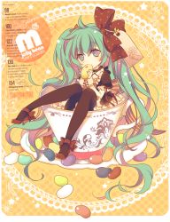 1girl candy cup female_focus food green_eyes green_hair hatsune_miku high_heels in_food jelly_bean jonejung long_hair matching_hair/eyes mini_person minigirl pantyhose sitting solo teacup twintails very_long_hair vocaloid