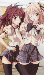 Rule 34 | 2girls, :o, ;d, antenna hair, bandages, bandaid, bandaid on face, bell, black thighhighs, blonde hair, blush, cowboy shot, fujiwara miyabi (memories off sorekara), hair bell, hair ornament, hair ribbon, hanamatsuri karin, hand on own hip, highres, hip focus, jingle bell, koshimizu takayuki, long hair, memories off, multiple girls, one eye closed, open mouth, pink eyes, pink hair, plaid clothes, plaid skirt, ponytail, red hair, ribbon, scan, school uniform, serafuku, skirt, smile, thigh gap, thighhighs, thighs, turtleneck, wink, yellow eyes, zettai ryouiki