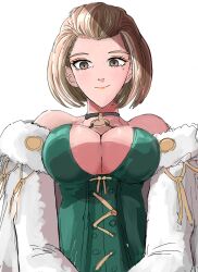 1girl breasts brown_eyes brown_hair choker cleavage fire_emblem fire_emblem:_three_houses hair_slicked_back highres large_breasts lipstick looking_at_viewer makeup manuela_casagranda mature_female nintendo o-ring orange_lips samebousii smile