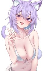 1girl absurdres ahoge animal_ear_fluff animal_ears bikini breasts cat_ears cat_girl cat_tail cleavage commentary crossed_bangs double-parted_bangs front-tie_bikini_top front-tie_top hair_between_eyes halterneck hand_up highres hololive large_breasts looking_at_viewer medium_hair messy_hair navel nekomata_okayu purple_eyes purple_hair rei_(9086) side-tie_bikini_bottom simple_background solo stomach strap_lift swimsuit tail tongue tongue_out upper_body virtual_youtuber white_background white_bikini