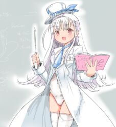 1girl ajitarou_(setsu) blue_necktie book chalkboard coat emil_chronicle_online hat holding holding_book holding_rod kamishibaiya_iris leotard long_hair necktie open_mouth red_eyes rod thighhighs white_coat white_hair white_hat white_leotard white_thighhighs