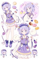 Rule 34 | 1girl, @ @, absurdres, apron, bandaged leg, bandages, blush, chibi, closed mouth, commentary, detached sleeves, donut, eggplant, food, hat, highres, indie virtual youtuber, japanese clothes, kimono, long sleeves, multiple views, open mouth, otamatone, purple apron, purple eyes, purple hair, purple hat, purple shoes, scissors, shoes, short hair, sleeveless, sleeveless kimono, standing, tsukiyo (skymint), two side up, virtual youtuber, white background, white kimono, white sleeves, wide sleeves, yuyugi yuyu