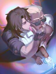 2boys bara bare_pectorals beard beard_stubble blonde_hair brown_hair brown_shirt commentary condom condom_in_mouth cum cum_in_container cum_in_cup dark-skinned_male dark_skin dated facial_hair fingerless_gloves gallagher_(honkai:_star_rail) gloves grin hand_on_another&#039;s_mouth highres honkai:_star_rail honkai_(series) long_hair looking_at_another looking_to_the_side male_focus mouth_hold multiple_boys muscular muscular_male nipples open_clothes open_shirt pectorals penis red_eyes scar scar_across_eyebrow scar_on_face sex shin_0z shirt signature sleeves_rolled_up smile stubble sunglasses swept_bangs symbol-only_commentary white_shirt woolsey_(honkai:_star_rail) yaoi