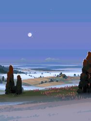 Rule 34 | absurdres, barn, building, cloud, fog, foliage, franrekk, full moon, highres, landscape, moon, night, no humans, original, outdoors, pixel art, scenery, sky, tree, wide shot, window light