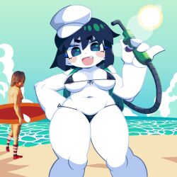 1boy 1girl :d areola_slip beach bikini black_bikini black_hair blush breasts cloud colored_skin commentary_request cookie_(touhou) day fang feet_out_of_frame green_eyes hat holding lens_flare looking_at_viewer manatsu_no_yo_no_inmu medium_breasts milk_(cookie) murasa_minamitsu navel ocean open_mouth outdoors sailor_hat sand short_hair smile solo_focus standing swimsuit takuya_(acceed) tonchamon_san touhou white_skin