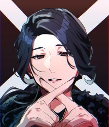 Rule 34 | 10070414, 1boy, black hair, commentary request, fur-trimmed jacket, fur trim, gradient background, grey eyes, highres, index fingers raised, index fingers together, jacket, kuon (super sentai), looking at viewer, low ponytail, male focus, mole, mole under eye, no.1 sentai gozyuger, parted lips, ponytail, red background, red pupils, side part, solo, super sentai, symbol-shaped pupils, tokusatsu, upper body, x-shaped pupils