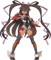 1girl :d absurdres breasts brown_hair commentary_request covered_navel dark-skinned_female dark_skin eyelashes highres holding holding_poke_ball long_hair mizuki_yukikaze nintendo open_mouth outline parody pink_eyes poke_ball poke_ball_(basic) pokemon simple_background small_breasts smile solo standing style_parody taimanin_(series) tan tanline teeth translation_request upper_teeth_only user_zeer7584 very_long_hair white_background