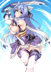 1girl absurdres bare_shoulders blue_background blue_eyes blue_hair boots breasts cleavage closed_mouth covered_navel dress elbow_gloves exs-tia_(kouyoku_senki_exs-tia_3) gloves hair_between_eyes hair_intakes hair_ornament highres holding holding_sword holding_weapon katsuragi_marina kouyoku_senki_exs-tia large_breasts leg_up long_hair looking_at_viewer murabito_c panties skirt solo standing standing_on_one_leg sword thighhighs underwear very_long_hair weapon white_gloves white_panties white_thighhighs