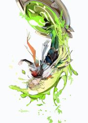 1boy bai_zhong black_gloves genshin_impact gloves hair_between_eyes highres kaveh_(genshin_impact) male_focus medium_hair parted_lips partially_fingerless_gloves red_eyes shirt solo teeth upside-down white_background white_shirt