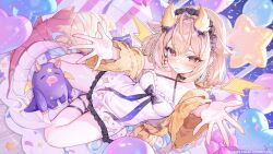 1girl alllisso balloon black_bow black_choker blonde_hair blush bow braid breasts cardigan choker closed_mouth copyright_notice dragon_girl dragon_horns dragon_tail dress earrings fang frilled_dress frills hair_bow heart_balloon highres horn_bow horn_ornament horns jewelry lock maid_headdress open_cardigan open_clothes phase_connect red_eyes sample_watermark skin_fang solo star-shaped_pupils star_(symbol) star_balloon symbol-shaped_pupils tail utatane_nasa virtual_youtuber watermark white_dress yellow_bow yellow_cardigan yellow_pupils