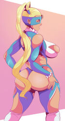 Rule 34 | 1girl, absurdres, ass, ass cutout, back cutout, bare shoulders, blonde hair, blue eyes, breasts, cleavage cutout, clothing cutout, from behind, grabbing own ass, highres, huge ass, large breasts, leotard, long hair, mask, rainbow mika, revealing clothes, sideboob, sonson-sensei, street fighter, thong leotard, twintails, wrestling outfit