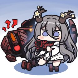 1girl aura blue_background blue_eyes blush_stickers character_doll chibi chibi_only commentary counter:side doll dress floating flower gradient_background grey_hair hair_between_eyes holding holding_doll horn_flower jazz_jack jealous long_hair looking_at_object lurcher mecha red_eyes robot shepherd_(counter:side) toy_dinosaur tree_horns very_long_hair white_background white_dress