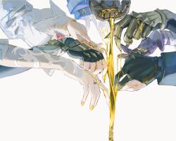 2boys 6+girls aglaea_(honkai:_star_rail) anaxa_(honkai:_star_rail) arm_focus arm_ribbon bai_zhong black_bodysuit black_gloves black_jacket blue_jacket bodysuit castorice_(honkai:_star_rail) chrysos_heirs_(honkai:_star_rail) cipher_(honkai:_star_rail) commentary_request cyrene_(honkai:_star_rail) dress fingerless_gloves fingernails flower gauntlets gloves gold_blood gold_ring hand_focus highres honkai:_star_rail honkai_(series) hyacine_(honkai:_star_rail) jacket jewelry long_sleeves multiple_boys multiple_girls multiple_rings mydei_(honkai:_star_rail) nail_polish partially_fingerless_gloves puffy_long_sleeves puffy_sleeves purple_gloves ribbon ring simple_background trianne_(honkai:_star_rail) tribbie_(honkai:_star_rail) trinnon_(honkai:_star_rail) triplets white_background white_dress white_flower white_gloves yellow_nails