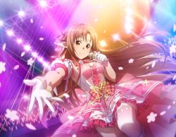 1girl asuna_(sao) asuna_(sao-alo) audience brown_eyes brown_hair closed_mouth detached_sleeves dress elf floating_hair game_cg gloves holding holding_microphone idol layered_dress layered_skirt long_hair looking_at_viewer microphone miniskirt multicolored_dress pink_dress pink_thighhighs pointy_ears short_dress short_sleeves skirt smile solo stage strapless strapless_dress sword_art_online thighhighs titania_(sao) very_long_hair white_dress white_gloves white_sleeves