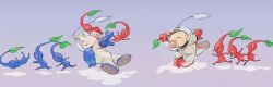 2boys afterimage asaikaina backpack bad_tag bag battle big_nose black_eyes blonde_hair blue_background blue_bag blue_gloves blue_pikmin blue_skin brown_hair closed_eyes colored_shadow colored_skin creature falling full_body gloves helmet holding holding_creature leaf leg_up louie_(pikmin) male_focus multiple_boys nintendo no_mouth olimar open_mouth pale_skin pikmin_(creature) pikmin_(series) pikmin_2 pointy_ears pointy_nose radio_antenna red_bag red_gloves red_pikmin red_skin shadow short_hair simple_background smile space_helmet spacesuit throwing triangle_mouth very_short_hair whistle