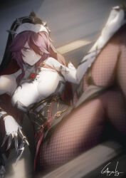1girl bare_shoulders breasts closed_mouth elbow_gloves fishnet_pantyhose fishnets genshin_impact genyaky gloves highres large_breasts looking_at_viewer medium_hair pantyhose purple_eyes purple_hair purple_pantyhose rosaria_(genshin_impact) signature solo thighs veil white_gloves