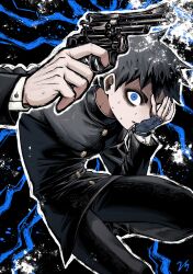 1boy absurdres ace_attorney black_hair black_jacket black_pants blue_eyes gkt_eo gloom_(expression) gun hand_on_own_face highres holding holding_gun holding_weapon jacket looking_at_viewer male_focus pants parted_lips protected_link ryunosuke_naruhodo short_hair solo sweat the_great_ace_attorney weapon