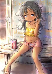 1girl arm_support bench black_hair blue_eyes blush can collarbone cross cross_earrings dark_skin drink drink_can earrings flat_chest flip-flops floral_print flower footwear_flower graffiti guma jewelry loli long_hair looking_at_viewer midriff navel open_mouth original pink_shorts print_shirt sandals shirt shorts sitting soda soda_can strapless tube_top yellow_shirt