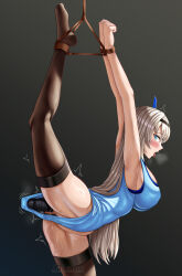 1girl absurdres bdsm black_thighhighs blue_eyes blue_leotard blush bondage bound breasts censored commission dildo dildo_under_clothes grey_hair highres large_breasts leotard long_hair mosaic_censoring no_shoes object_insertion original pussy_juice saikunartworks sex_toy solo suspension thighhighs tongue tongue_out vaginal vaginal_object_insertion