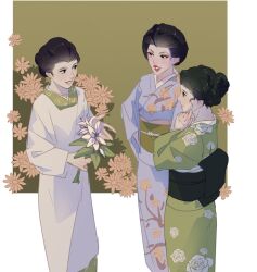 3girls black_eyes black_hair blue_kimono delicourse eyeshadow floral_print floral_print_kimono flower golden_kamuy green_kimono hair_bun hair_pulled_back hair_up highres holding holding_flower igogusa japanese_clothes kaneko_kaeko kenmochi_umeko kimono lipstick makeup multiple_girls obi parted_lips print_kimono sash standing
