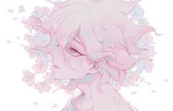 1boy cherry_blossoms commentary_request danganronpa_(series) danganronpa_2:_goodbye_despair flower from_side grey_eyes hair_between_eyes head highres komaeda_nagito looking_up lower_teeth_only male_focus messy_hair open_mouth petals pink_flower portrait profile shirt solo teeth white_background white_shirt xiwang_xintu
