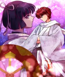 Rule 34 | 1boy, 1girl, flower, highres, husband and wife, japanese clothes, kyoukai no rinne, pink eyes, purple hair, red eyes, red hair, ribbon, rokudou otome, rokudou sabato