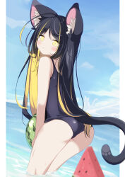 1girl animal_ear_fluff animal_ears ass ball bare_arms bare_shoulders beachball black_hair black_one-piece_swimsuit blonde_hair blue_sky blush cat_ears cat_girl cat_tail closed_mouth cloud commentary_request daidai_ookami day from_behind highres horizon leaning_forward long_hair looking_at_viewer looking_back multicolored_hair ocean old_school_swimsuit one-piece_swimsuit original school_swimsuit sky solo standing streaked_hair swimsuit tail two-tone_hair very_long_hair water watermelon_beachball yellow_eyes