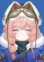 Rule 34 | 1girl, aqua eyes, black sweater, blue background, brown hat, closed mouth, coat, eyewear strap, fur-trimmed coat, fur trim, goggles, goggles on head, hat, highres, long hair, looking at viewer, nautika (reverse:1999), pink hair, portrait, purple coat, reverse:1999, solo, sweater, trapper hat, turtleneck, turtleneck sweater, watermark, weibo watermark, zhijiao jungu