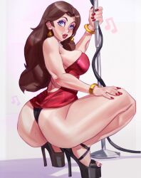 1girl ass bare_back bare_shoulders blue_eyes breasts brown_hair dlusionalx dress from_behind high_heels large_breasts lips lipstick long_hair makeup mario_(series) microdress musical_note nintendo pauline_(mario) pole_dancing sleeveless squatting thong