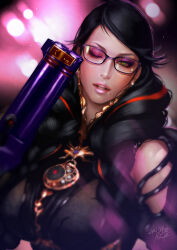 1girl 2021 az_pt bayonetta bayonetta_(series) bayonetta_3 black_hair braid braided_twintails commentary dated glasses green_eyes gun highres holding holding_gun holding_weapon long_hair mole mole_under_mouth one_eye_closed signature solo twin_braids weapon