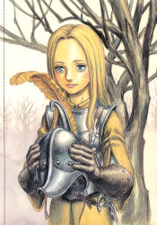 1990s_(style) 1girl armor belt berserk blonde_hair blue_eyes feathers female_focus forest gloves helmet highres lips long_hair miura_kentarou nature outdoors retro_artstyle smile solo sonia_(berserk) sword tree weapon