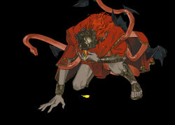 1boy all_fours bat_wings black_background cape covered_face elden_ring elden_ring:_shadow_of_the_erdtree fan_mu_zhang fringe_trim gladiator_sandals helmet highres liquid male_focus medium_hair messmer_the_impaler red_cape red_hair red_snake sandals simple_background snake solo wings
