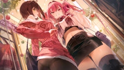 2girls 7gao ahoge alternate_costume ass azur_lane bag baltimore_(azur_lane) bra bremerton_(azur_lane) brown_hair brown_pantyhose chinese_commentary christmas christmas_sweater clothes_lift crop_top crop_top_overhang dutch_angle from_below gluteal_fold handbag highres holding holding_phone looking_at_viewer midriff mole mole_under_eye multiple_girls navel_piercing open_mouth pantyhose phone piercing pink_hair scarf selfie short_hair skirt smile standing sweater sweater_lift thighhighs thighs twintails underwear yellow_eyes