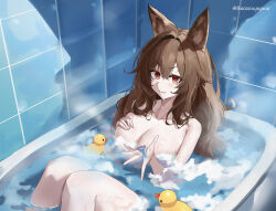 1girl absurdres animal_ears arknights baozouyeguai bathroom bathtub breasts brown_hair ceobe_(arknights) commentary_request completely_nude dog_ears dog_girl highres large_breasts long_hair looking_at_viewer nude red_eyes rubber_duck soap_bubbles solo tile_wall tiles twitter_username