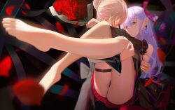 2girls absurdres arms_around_neck artoria_pendragon_(fate) ass bare_legs barefoot blonde_hair blood blood_on_face bouquet carrying carrying_person cherrymaru closed_mouth dark_sakura earrings fate/grand_order fate/stay_night fate_(series) fingernails flower full_body heaven&#039;s_feel highres jewelry light_particles long_hair looking_at_viewer matou_sakura multiple_girls petals princess_carry purple_hair red_eyes red_flower red_petals red_rose rose saber_alter sidelocks toes