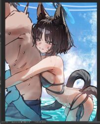 1boy 1girl animal_ears bakeneko betabeet bikini black_eyes blue_archive blue_halo breast_press breasts cat_ears cat_girl from_side halo hug hug_from_behind kikyou_(blue_archive) layered_bikini multi-strapped_bikini_bottom multiple_tails official_alternate_costume partially_submerged short_hair side-tie_bikini_bottom sketch swimsuit tail tail_wrap two_tails