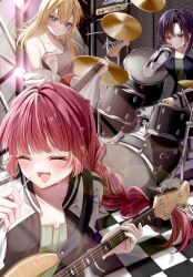 3girls :d alcohol alcohol_carton amplifier band_(music) bass_guitar black_jacket blonde_hair blue_eyes blue_jacket blush bocchi_the_rock! braid carton checkered_floor closed_eyes commentary_request dress drinking_straw drum drum_set drunk electric_guitar green_dress grey_dress guitar highres hiroi_kikuri holding holding_plectrum instrument iwashita_shima jacket kigurui_kkr long_hair multicolored_jacket multiple_girls open_clothes open_jacket open_mouth plectrum pout purple_hair red_eyes shimizu_eliza short_hair sick_hack single_braid smile two-tone_jacket white_jacket yamaha_trb