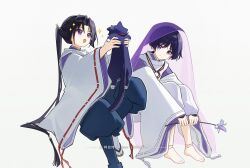 2boys absurdres alalen alalen_nelala animal animalization armor artist_name barefoot black_hair black_pants blunt_ends blush bright_pupils cat closed_mouth crossover curtained_hair dated doll_joints eyeliner eyeshadow flower genshin_impact hair_intakes hair_pulled_back hair_tie high_ponytail highres holding holding_animal holding_cat holding_flower houjou_tokiyuki_(nige_jouzu_no_wakagimi) japanese_armor japanese_clothes joints kariginu kimono kote kurokote layered_sleeves long_hair long_sleeves looking_at_animal looking_at_another makeup multiple_boys nige_jouzu_no_wakagimi open_mouth pants person_and_animalization pom_pom_(clothes) ponytail puffy_pants purple_cat purple_eyes purple_kimono purple_sleeves purple_veil red_eyeliner red_eyeshadow ribbon-trimmed_sleeves ribbon_trim scaramouche_(cat)_(genshin_impact) scaramouche_(genshin_impact) scaramouche_(kabukimono)_(genshin_impact) see-through_clothes see-through_veil smile split_mouth string toenails toes veil white_background white_pants white_pupils white_sleeves wispy_bangs