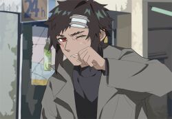Rule 34 | 1boy, brown hair, bruise, bruise on face, commentary request, fate/grand order, fate (series), fuyotan, gauze on forehead, gundam, gundam gquuuuuux, highres, injury, izcalli (fate), jacket, male focus, one eye closed, parody, red eyes, scene reference, scratches, short hair, solo, sweatdrop, turtleneck, upper body