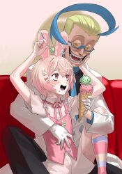 2boys absurdres agemmata ahoge animal_ears asymmetrical_hair black_pants black_shirt blonde_hair blue_bow boku_no_pico bow braid colress_(pokemon) couch crazy_grin creepy_eyes double-parted_bangs glasses gloves hair_ornament highres holding holding_ice_cream_cone huge_ahoge ice_cream_cone lab_coat looking_at_another multiple_boys nintendo open_mouth pants parody phase_connect pink_bow pink_eyes pink_ribbon pink_shirt pink_shorts pink_vest pipkin_peter pipkin_pippa pokemon pokemon_bw2 rabbit_boy rabbit_ears rabbit_hair_ornament ribbon self-upload sheriff_woody shirt short_hair shorts side_braid sidelocks socks spill spoon striped_clothes striped_socks vest virtual_youtuber white_gloves yaoi yellow_eyes