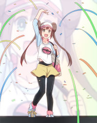 Rule 34 | 10s, 1girl, arm up, black pantyhose, brown hair, confetti, double bun, hair bun, hat, hyakuen raitaa, long hair, nintendo, open mouth, pantyhose, pantyhose under shorts, pokemon, pokemon bw2, raglan sleeves, rosa (pokemon), shorts, twintails