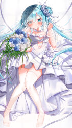absurdres ayayayu_na azur_lane blue_eyes blue_flower blue_hair blush bouquet breasts closed_mouth clothing_cutout dress eyes_visible_through_hair flower frilled_dress frills hair_flower hair_ornament hair_over_one_eye highres holding holding_bouquet janus_(azur_lane) janus_(oath_under_the_morning_sun)_(azur_lane) looking_at_viewer navel navel_cutout official_alternate_costume simple_background small_breasts smile thighhighs wedding_dress white_background white_dress white_flower white_thighhighs
