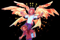 1boy ascending black_background blue_pants brown_hair brown_shirt collared_shirt commentary_request closed_eyes folder full_body go_(inmu) halo hita_(hizokuseikogeki) holding holding_folder male_focus manatsu_no_yo_no_inmu multiple_wings open_mouth pants seraph shirt short_hair smile solo t-shirt white_shirt wings