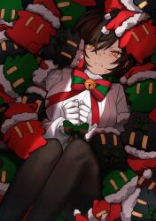 1girl bell black_pantyhose bow breasts brown_eyes brown_hair commentary feet_out_of_frame green_bow hat jingle_bell limbus_company looking_at_viewer open_mouth outis_(project_moon) pantyhose project_moon red_bow santa_hat short_hair sweat sweater symbol-only_commentary teeth turtleneck turtleneck_sweater two-tone_bow white_sweater yippee