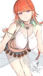 Rule 34 | 1girl, absurdres, bare shoulders, bikini, breasts, closed mouth, earrings, gradient hair, highres, hololive, holonatsu paradise, jewelry, large breasts, leaning forward, long hair, looking at viewer, multicolored hair, ogura tubuan, orange hair, purple eyes, see-through clothes, simple background, sketch, smile, solo, swimsuit, takanashi kiara (holonatsu paradise), twitter username, virtual youtuber, watermark, white background, white bikini